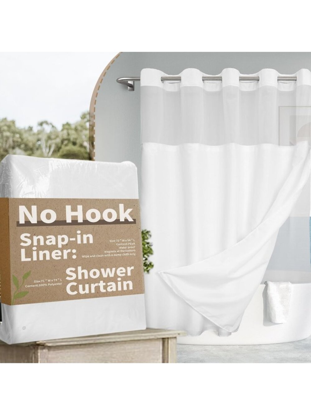 New Dream No Hook Shower Curtain with Snap-in Liner Set, White, 71x74